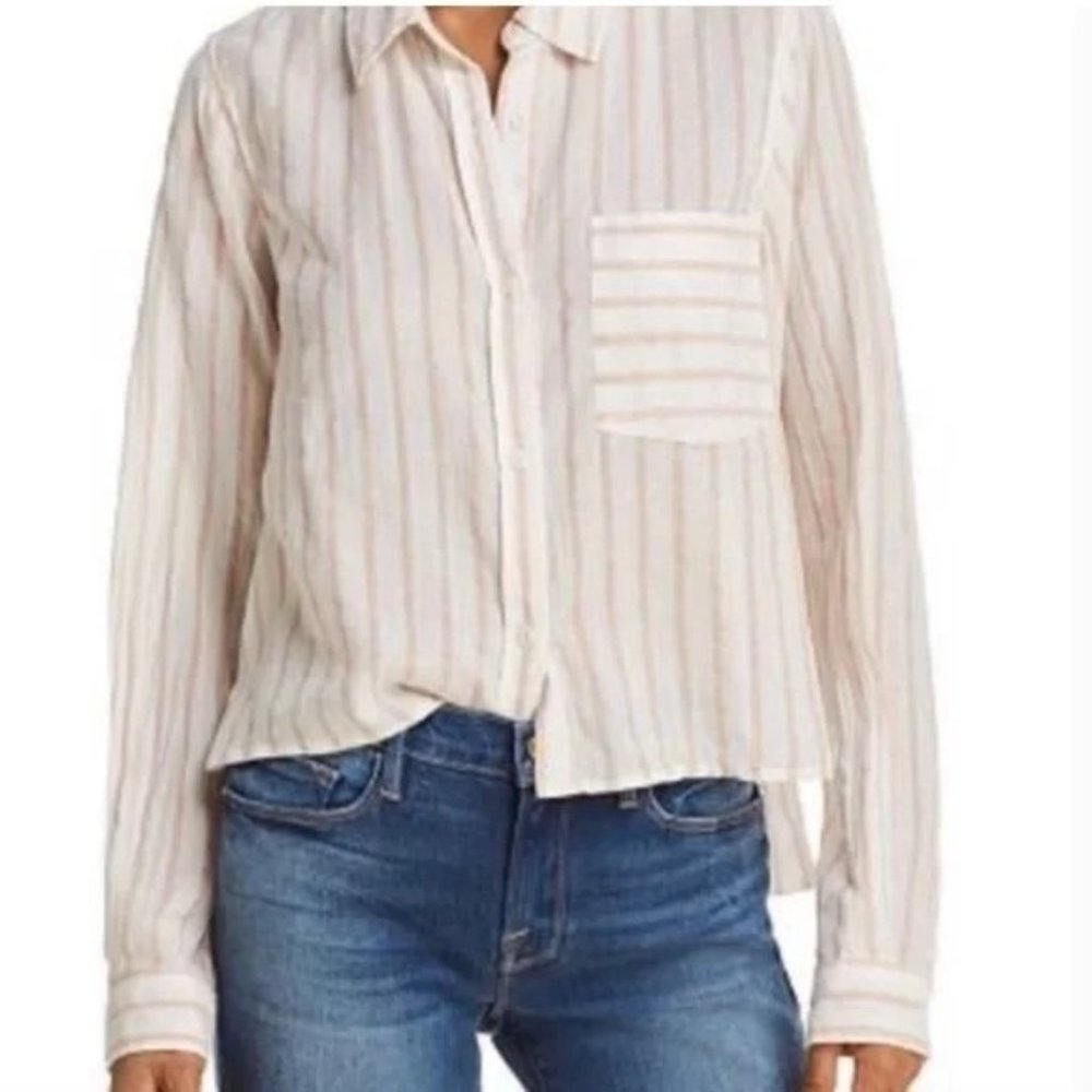 Current/Elliott Womens Georgia Shirt 3/L Yellow White Striped Long Sleeve Button